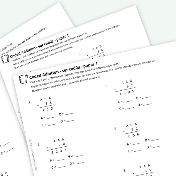 Three overlapping worksheets from the Coded Addition practice pack