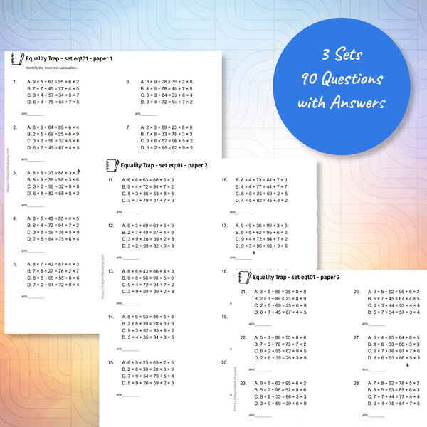 Equality Trap Practice Papers — sample pages showing spot-the-mistake calculation questions