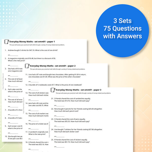 Everyday Money Maths printable practice papers and answer pages