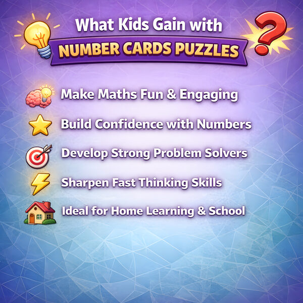 Key learning benefits for number card worksheets including mental maths and problem solving