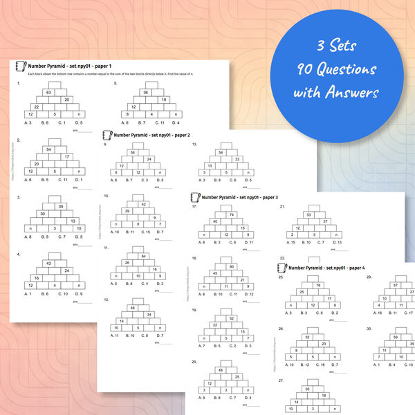 Number Pyramid practice papers showing printable pyramid puzzle worksheets