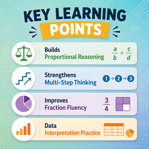 Key learning benefits for proportional scaling worksheets including fraction fluency and applied reasoning