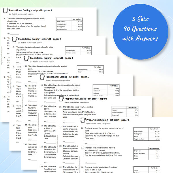 Proportional Scaling practice papers showing printable fraction scaling table questions
