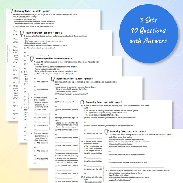 Reasoning order practice papers showing printable sequencing and deduction questions
