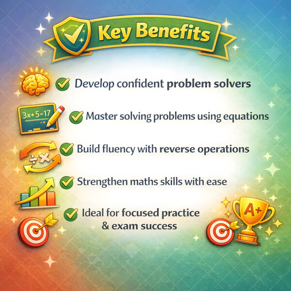Key Learning Benefits — skills covered: algebraic thinking, multi-step logical deduction, inverse arithmetic, problem solving