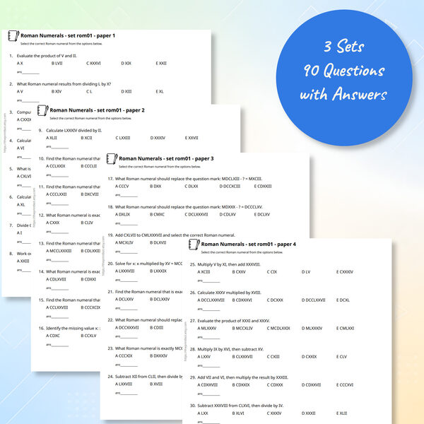 Roman Numerals practice papers showing printable arithmetic worksheets