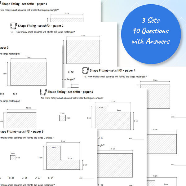 Shape Fitting practice test papers showing spatial reasoning shape packing questions
