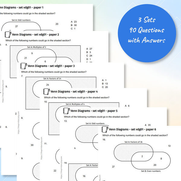 Venn Diagram Practice Papers — sample test pages showing Venn diagram logic questions with answer choices